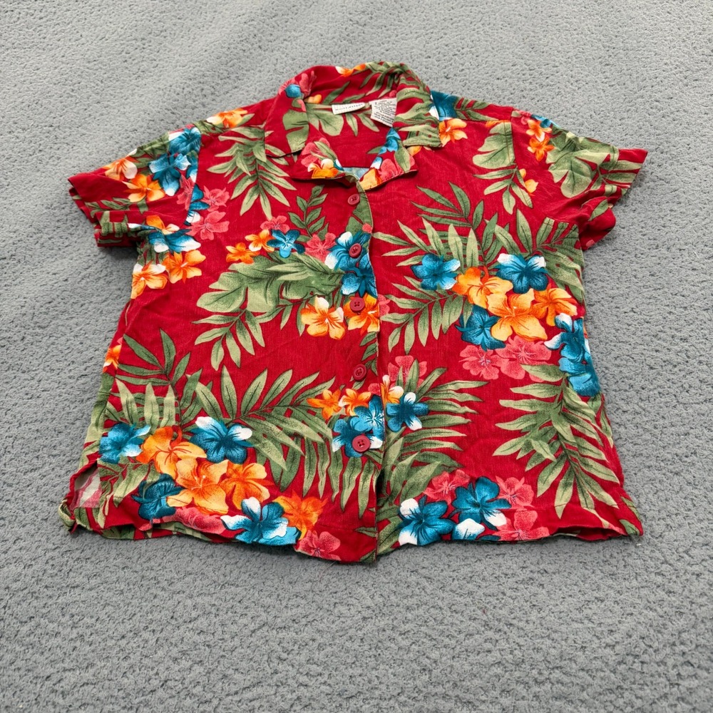White Stag Shirt Womens Small Red Tropical Floral Rayon Camp  Button Up